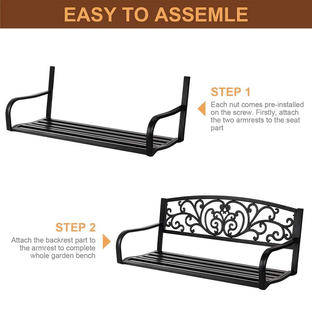 Black Powder Coated Steel Outdoor Bench with Cast Iron Backrest