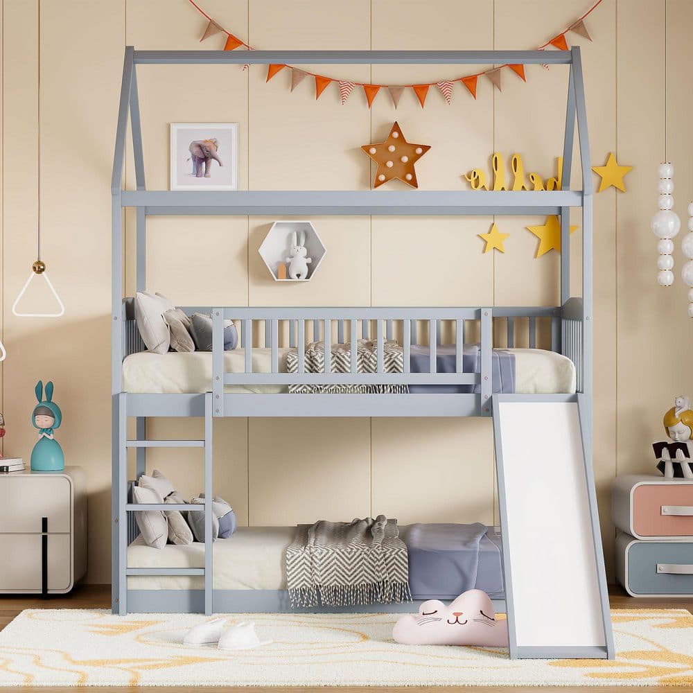 Gray Twin over Twin Wood House Bunk Bed with Slide and Ladder price history on PriceWatchPro
