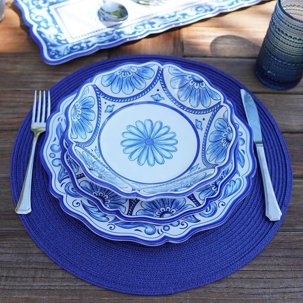 Blue and White Floral Melamine Dinnerware Set, Service for 4