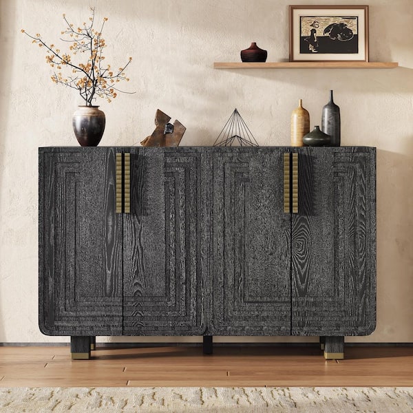 Black 4-Door Wood 54 in. Vintage Fluted Sideboard Retro Buffet Cabinet with Adjustable Shelves