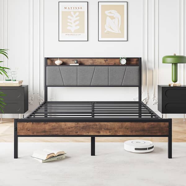 Black Metal Frame Queen Size Platform Bed with Brown, Gray Storage Headboard and Charging Station, No Box Spring Needed