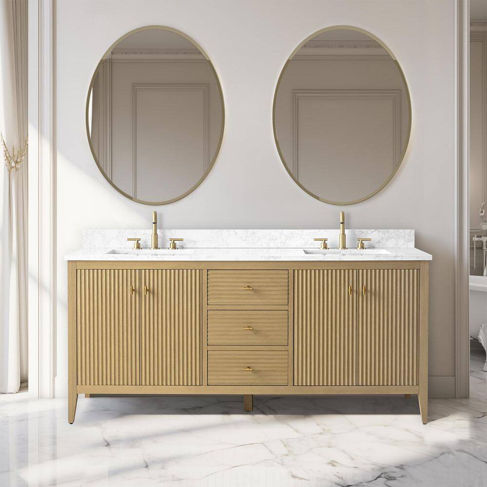 Natural Oak 72'' Double Bathroom Vanity with Marble Top