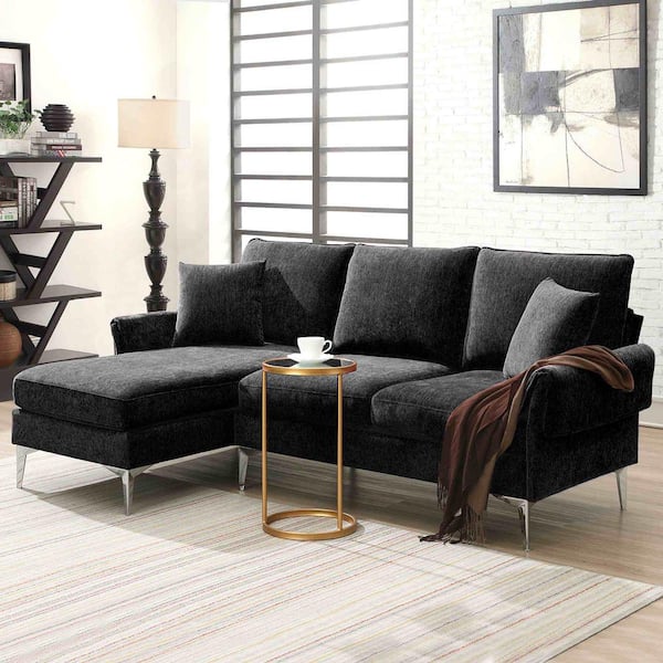 Polibi 84 in. Square Arm Fabric L -Shaped Sofa with Reversible Chaise Lounge in Black