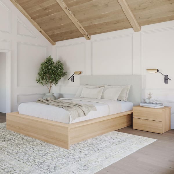 Nexera Bardot 3-Piece Natural Blonde Oak Wood Queen Size Bedroom Set with Gray Upholstered Headboard