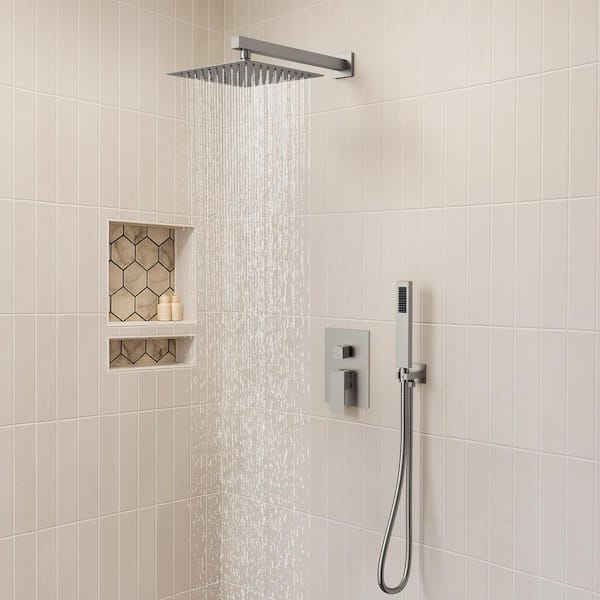 Single-Handle Rain 2-Spray Square Wall Mount 10 in. Dual Shower Head Fixed and Handheld Shower Head 2.5 and 1.8 GPM
