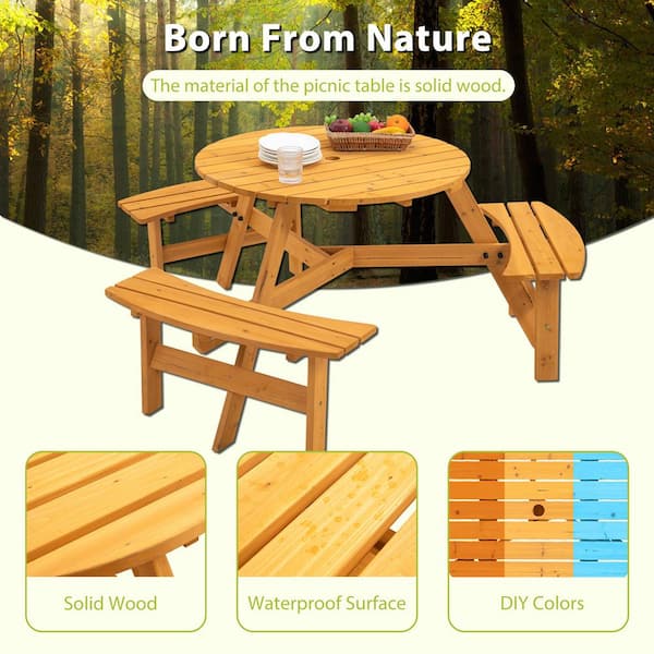 HOTEBIKE 6-Person Natural Patio Circular Wooden Outdoor Picnic Table with 3-Built-In Benches (1720 lbs. Capacity)