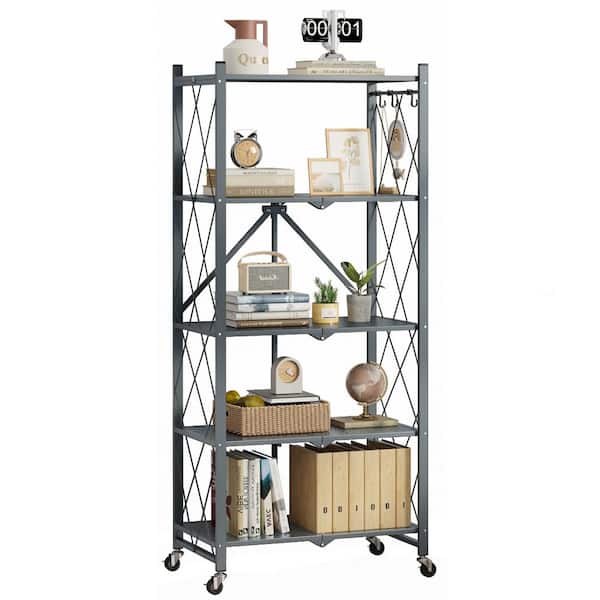 Bunpeony 5-Tier Grey Foldable Metal Rack Storage Shelving Unit, Kitchen Shelf with Wheels