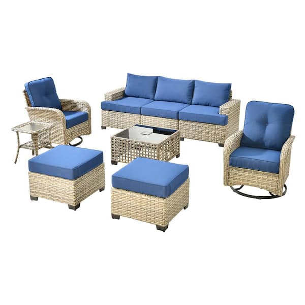 Torino Gray 9-Piece Modern Wicker Patio Conversation Deep Seating Set with Swivel Rocking Chairs and Navy Blue Cushions