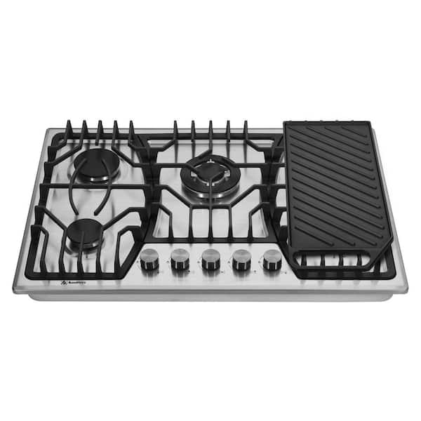 30 in. 5-Burners Recessed Gas Cooktop in Stainless with Cast Iron Baking Pan and Griddle
