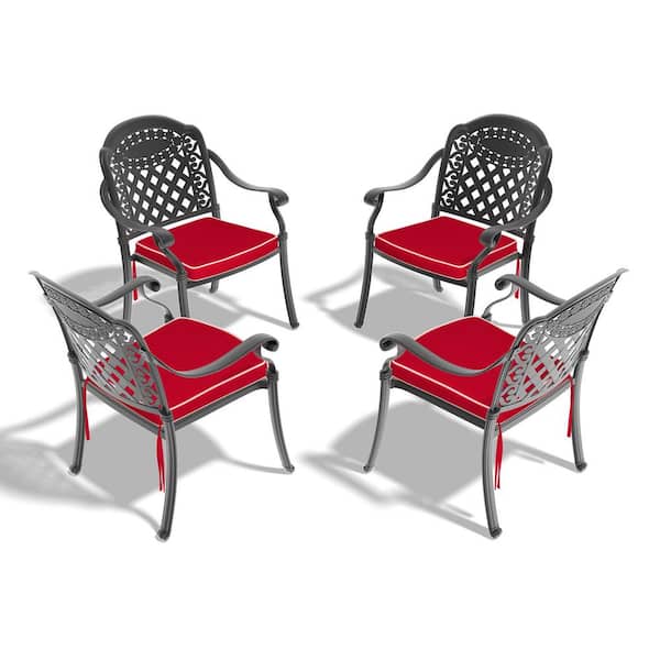 Cast Aluminum Outdoor Patio Dining Chair 4PCS with Black Frame and Red Cushions