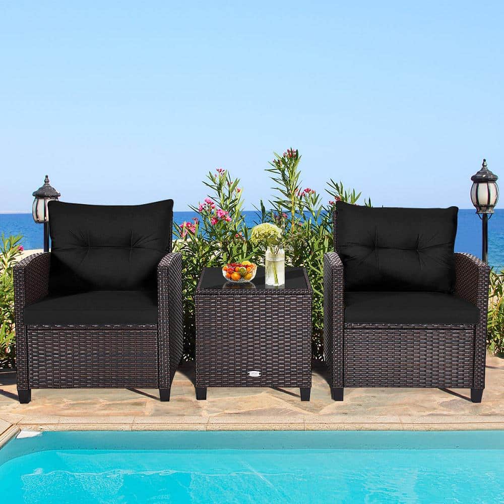 Black Cushioned 3-Piece Steel Frame Outdoor Conversation Set