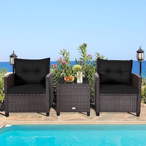 Brown 3-Pieces Wicker Patio Conversation Set Outdoor Rattan Furniture with Black Cushions