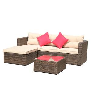 Brown 5-Piece PE Rattan Wicker Patio Furniture Outdoor Sectional Sofa Set with Light Brown Cushions