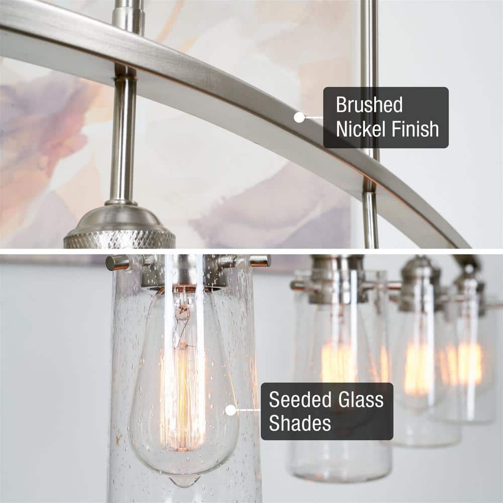 Brushed Nickel Linear Island Chandelier with Seeded Glass Shades