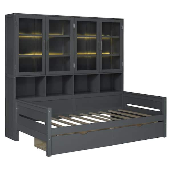 Gray Twin Size Daybed with 2 Drawers, Built-in LED Lighting and Storage Cabinets