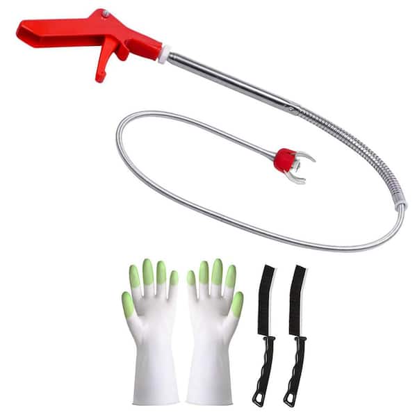 68 in. Drain Clog Remover Flexible Claw Grabber Snake Tool with 4 Claws for Toilets and Pipes with Gloves