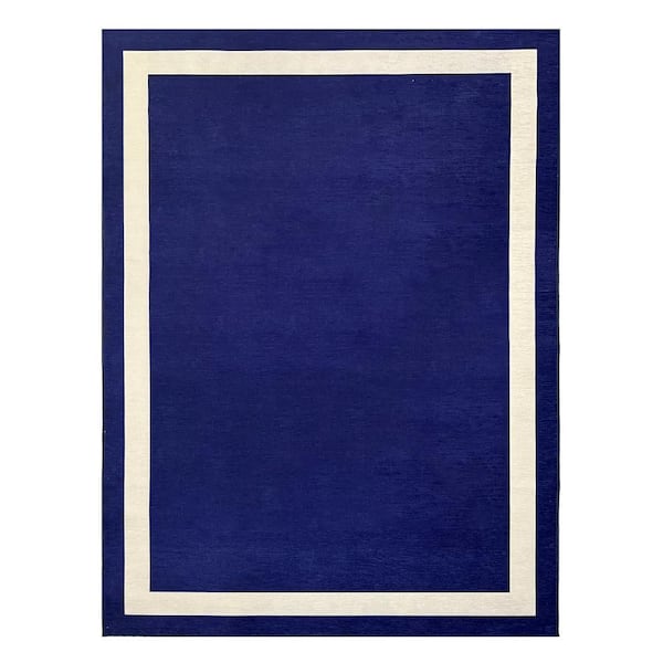 Everest Navy Creme 9 ft. x 12 ft. Machine Washable Geometric Modern Border Polyester Non-Slip Backing Area Rug