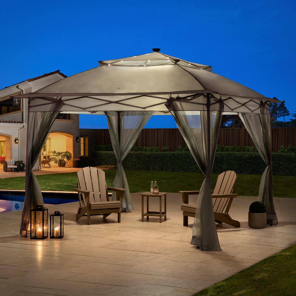 Gray 11x11 Steel Frame Pop-Up Gazebo with Solar LED Lights