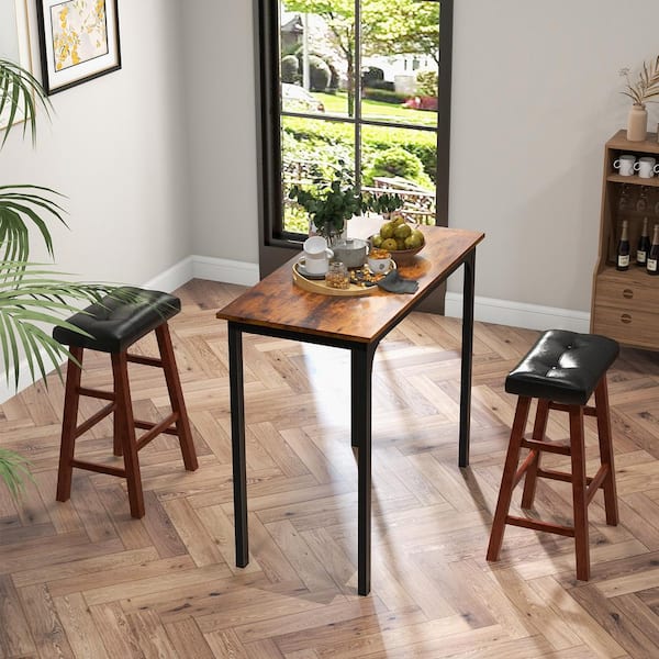 ANGELES HOME 29 in. 2-Piece Black Brown Backless Wood Saddle Bar Stool with Faux Leather Seat