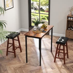 29 in. 2-Piece Black Brown Backless Wood Saddle Bar Stool with Faux Leather Seat