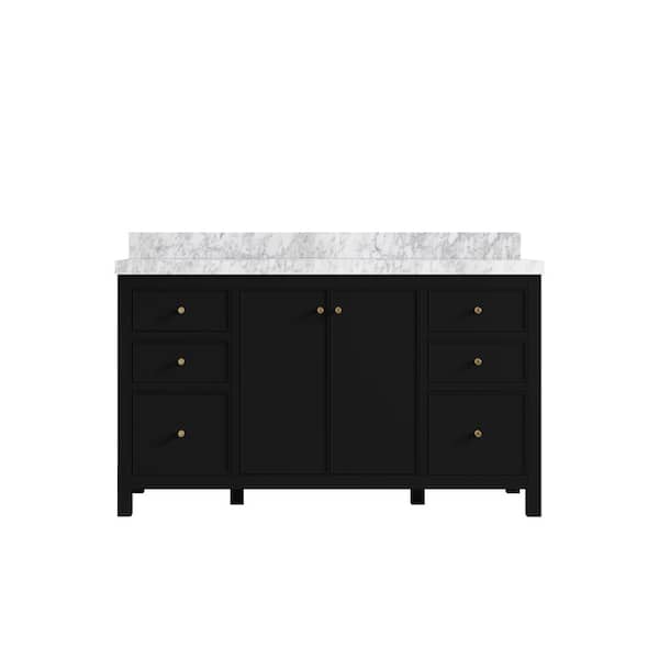 Willow Collections Chicago 60 in. W x 22 in. D x 36 in. H Single Sink Bath Vanity Black 2 in. Carrara Marble Top