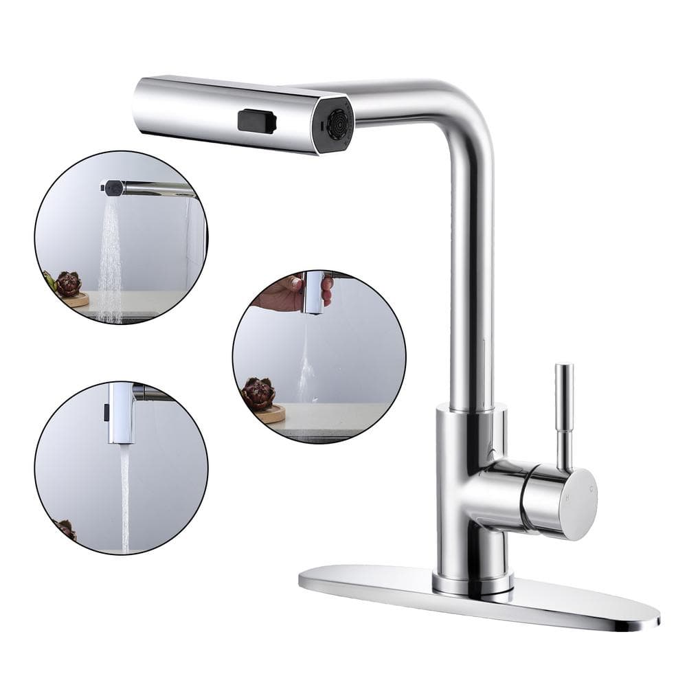 3-Mode Single Handle Waterfall Pull Down Sprayer Kitchen Faucet with 360° Rotation in Stainless Steel Polished Chrome price history on PriceWatchPro