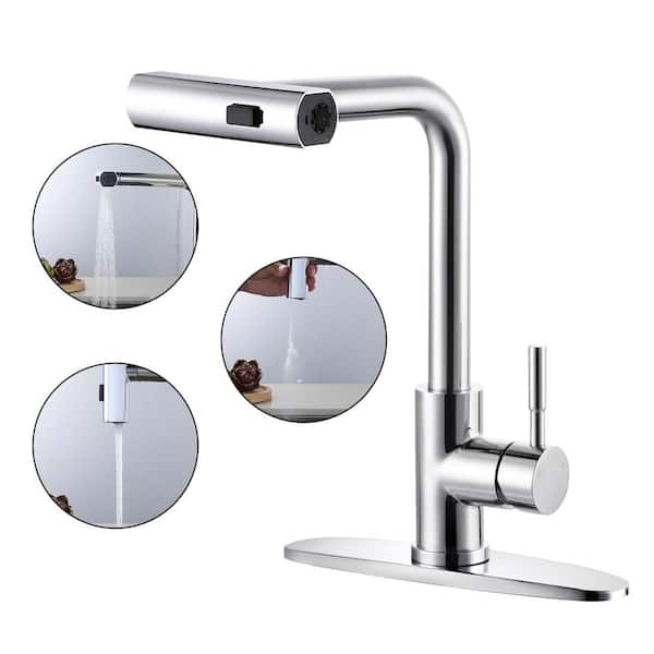 3-Mode Single Handle Waterfall Pull Down Sprayer Kitchen Faucet with 360° Rotation in Stainless Steel Polished Chrome