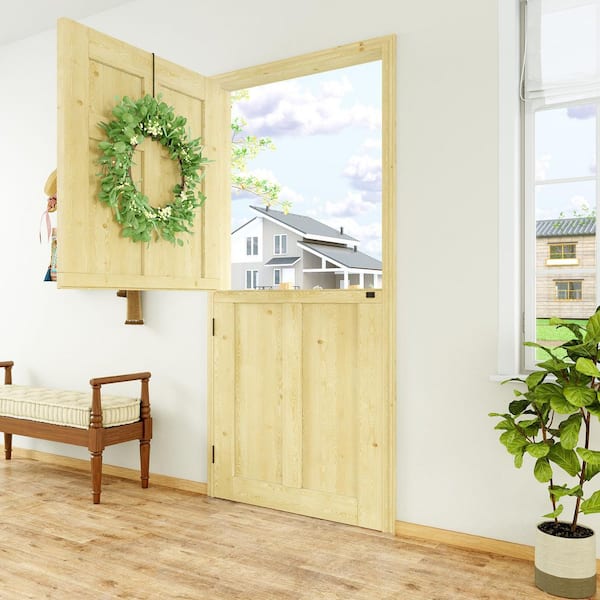 36 in. x 80 in. Solid Pine Universal 6-Panel Dutch Door with Eucalyptus Wreath Unfinished Wood Front Door Slab