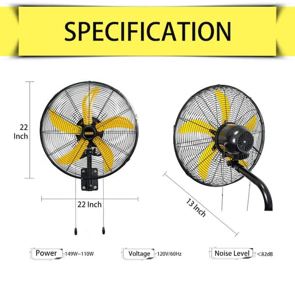 HICFM 20 in. Yellow Wall Mounted Fan 4800 CFM 3-Speed ​​Oscillating Heavy Duty Fan for Garage, Workshop, Warehouse Use