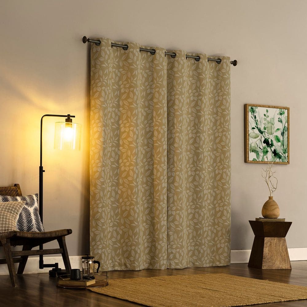Gold Embroidered Leaf Blackout Polyester Window Panel, 40" x 96"