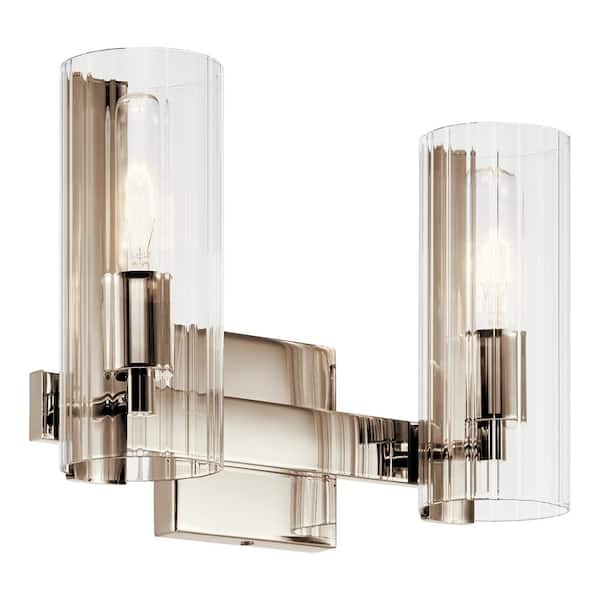 KICHLER Jemsa 13.75 in. 2-Light Polished Nickel Soft Modern Bathroom Vanity Light with Clear Fluted Glass
