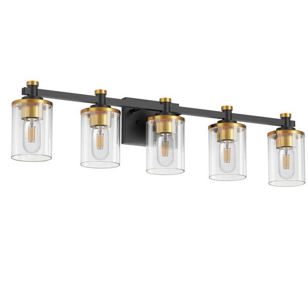 YANSUN 33 in. 5-Light Black and Gold Bathroom Vanity Light with Clear Glass Shades for Bathroom, Bedroom, or Hallway