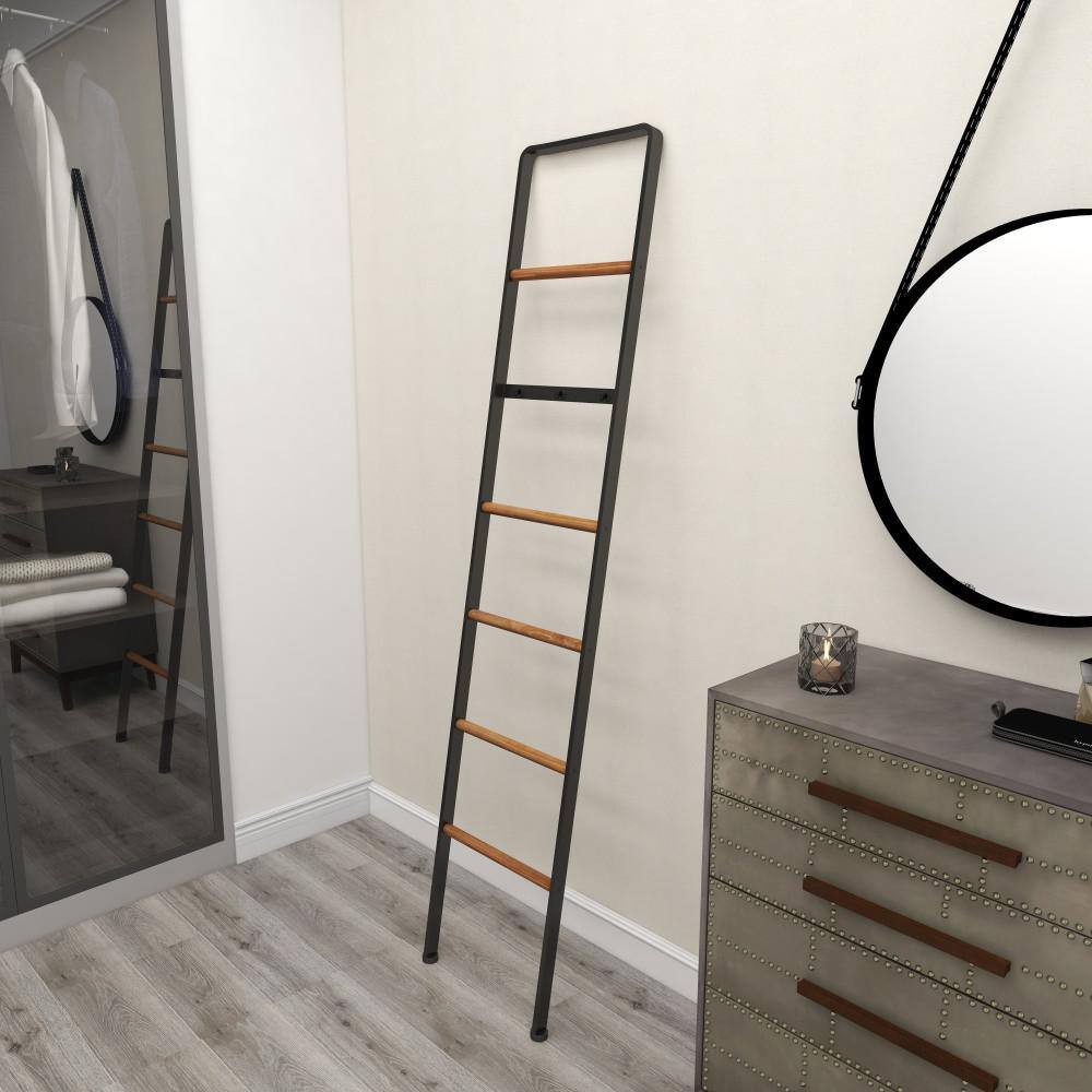 Black Metal and Wood Industrial Blanket Rack