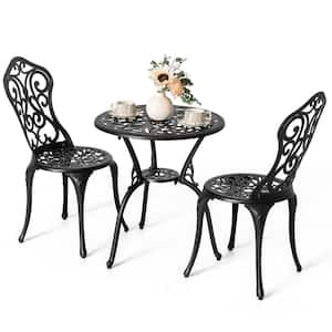 Black 3-Piece Cast Aluminum Round Outdoor Bistro Set with Umbrella Hole