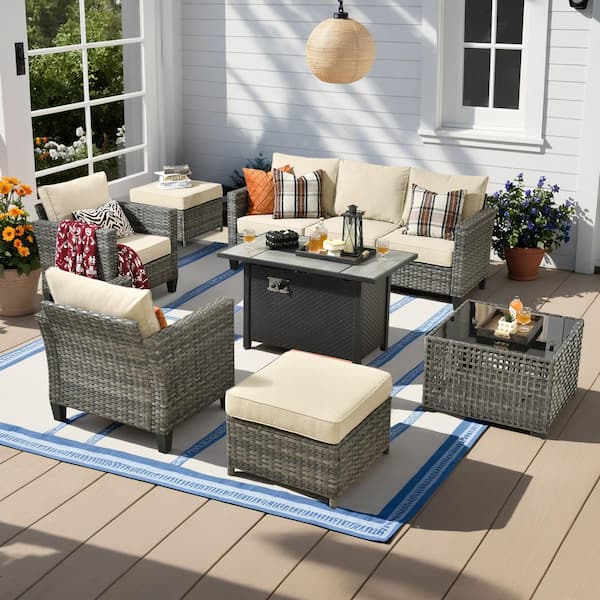 HOOOWOOO Scarlet 7-Piece Wicker Outdoor Fire Pit Patio Conversation Sofa Set with a Solar Lighted Table and Beige Cushions