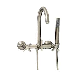 Modern 3-Handle Wall Mount Tub Faucet with Handshower and Hose, Cross Handles, in Brushed Nickel