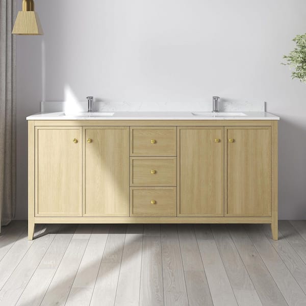 Fluctus 72 in. W x 22 in. D x 35 in. H Double Sink Freestanding Bath Vanity in Oak with Calacatta Cultured Marble Top
