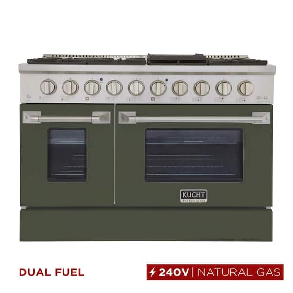 48 in. 6.7 cu. ft. 8-Burners Double Oven Dual Fuel Range Natural Gas in Stainless Steel and Olive Green Oven Doors
