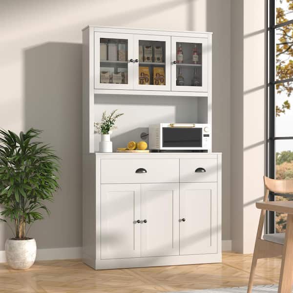 VEIKOUS White Kitchen Pantry Cabinet Storage with Adjustable Shelves, Buffet Cupboard and Microwave Stand