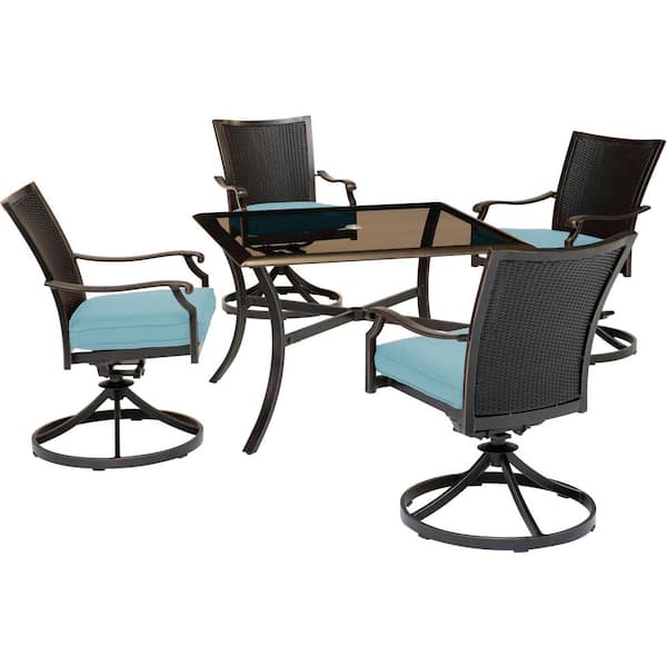 Hanover Traditions 5-Piece Wicker Outdoor Dining Set with Blue Cushions