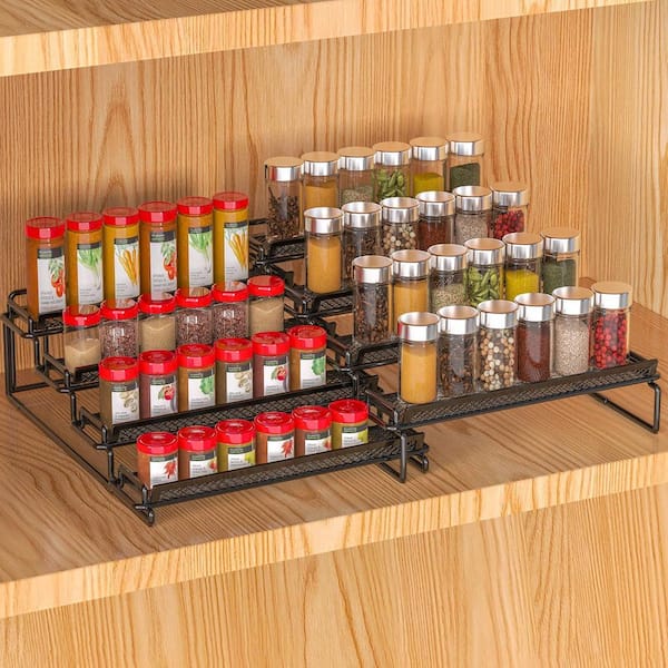 4 Tier Black Expandable Cabinet Countertop Adjustable Shelf Spice Rack Organizer Riser Display Holder 2PC