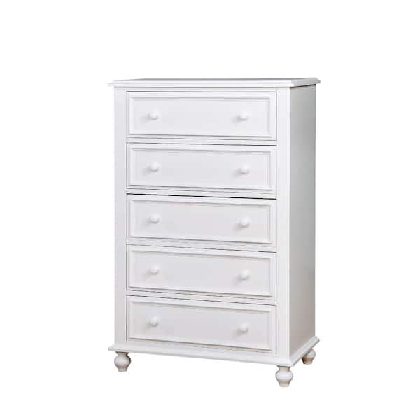 Benjara White Wooden 5 Drawers Chest of Drawers 17" D x 32" W x 50" H