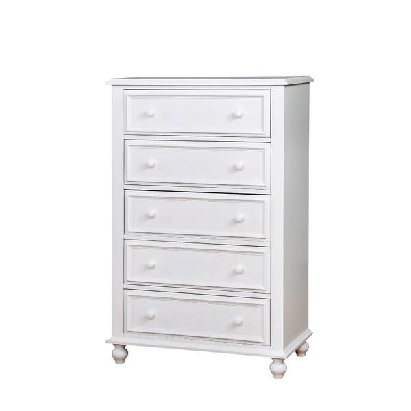 Benjara White Wooden 5 Drawers Chest of Drawers 17" D x 32" W x 50" H