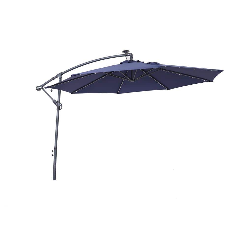 10 ft. Steel Octagon Cantilever Patio Umbrella in Deep Blue with Solar LED 
