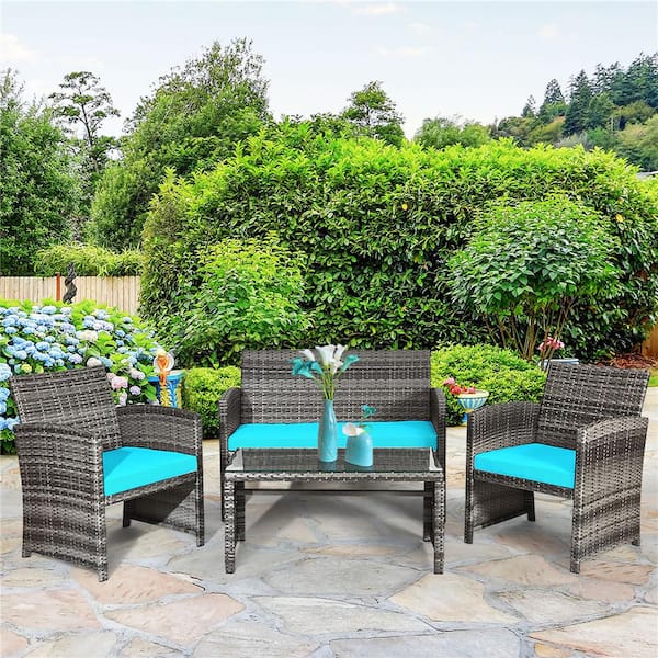 4-Piece Wicker Patio Conversation Set with Turquoise Cushions