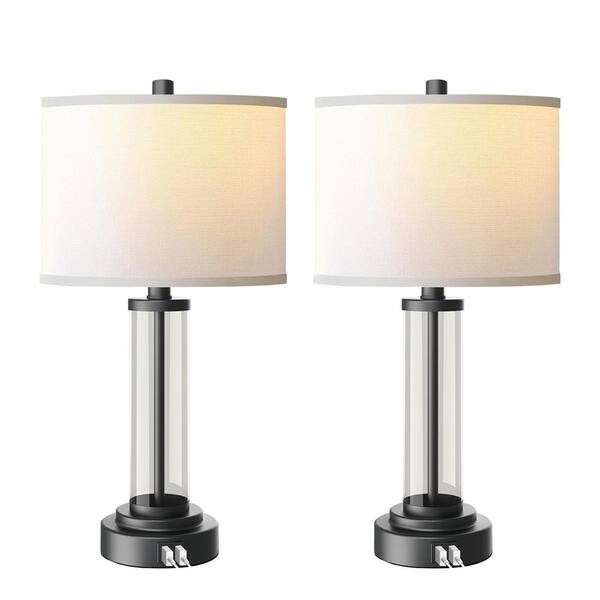 Miscool Avex 23.5 in. Black Cylinder Base Dimmable Table Lamps Set with USB Ports (Set of 2)