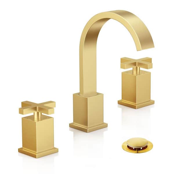 2-Handles Brushed Gold Bathroom Sink Faucet, Widespread 3-Hole 8 in. Waterfall Modern Bathroom Faucet