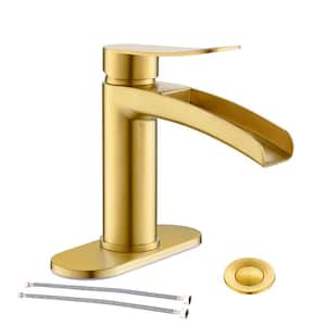 Single Handle Waterfall Faucet for Bathroom Sink in Brushed Gold Finish