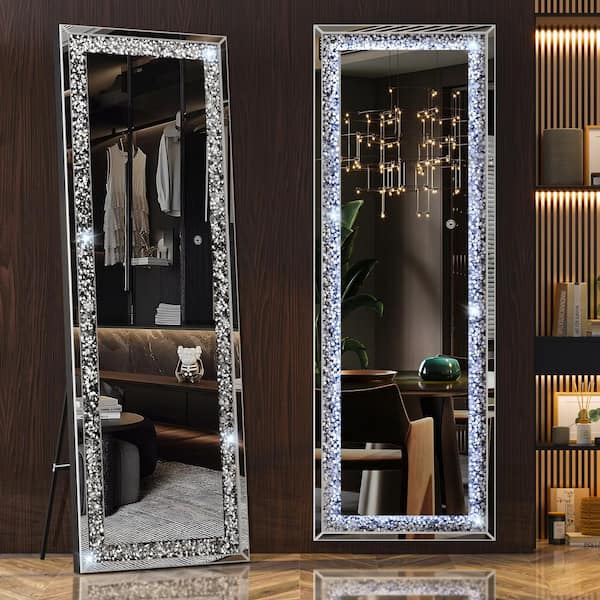 Black 20 in. W x 63 in. H Rectangular LED Light Full Length Mirror with Crystal Crush Diamond Free Standing Floor Mirror