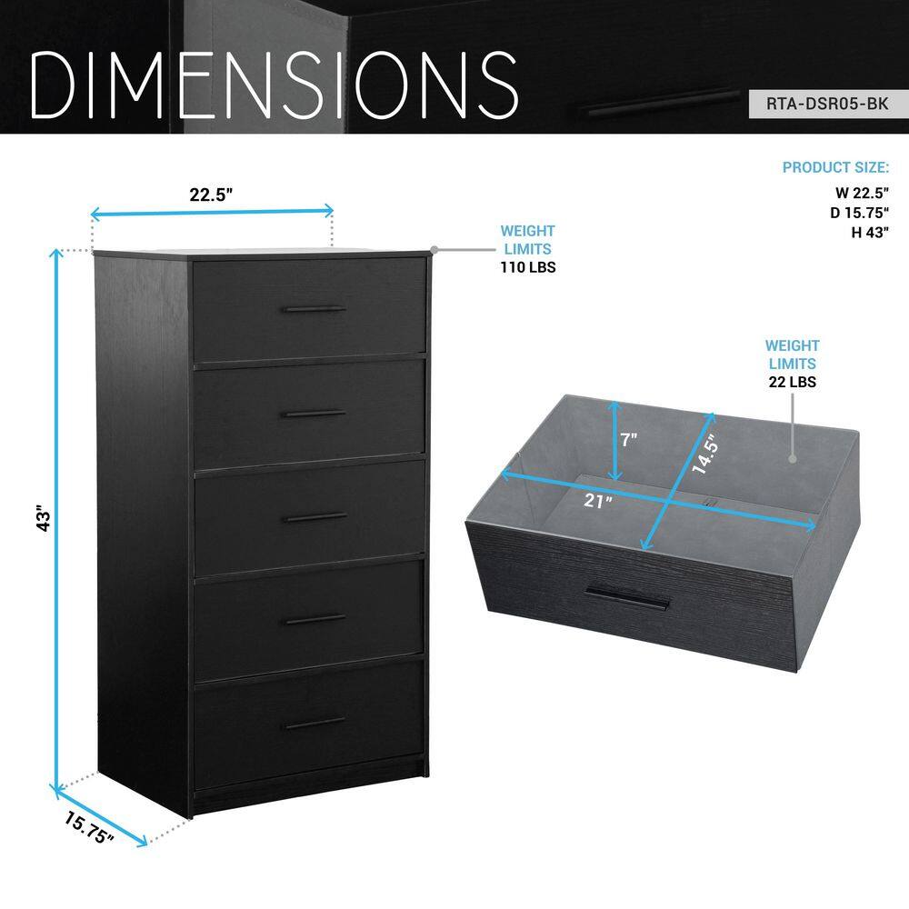 Black 5 Drawer 22.5 in. Wide Dresser - thumbnail 7